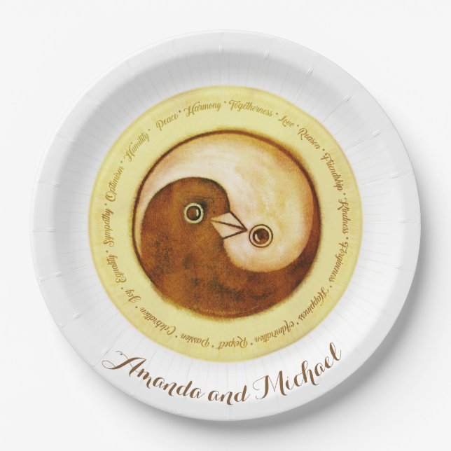 Plato De Papel PLACA DE BODA PERSONALIZADA 9" YinYang dorado pala (Anverso)
