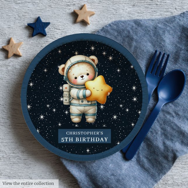Plato De Papel Placa de celebración de Baby Shower del astronauta (Teddy Bear Astronaut Baby Shower Celebration Plates)