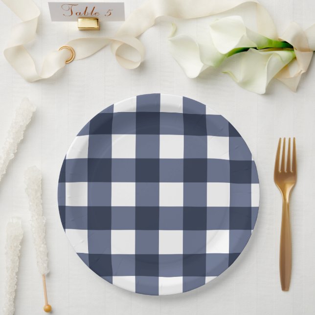 Plato De Papel Placa de comprobación de Gingham clásica grande az (Boda)