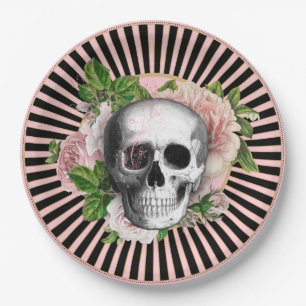 Plato De Papel Placa de cráneo floral rayada negra y rosa