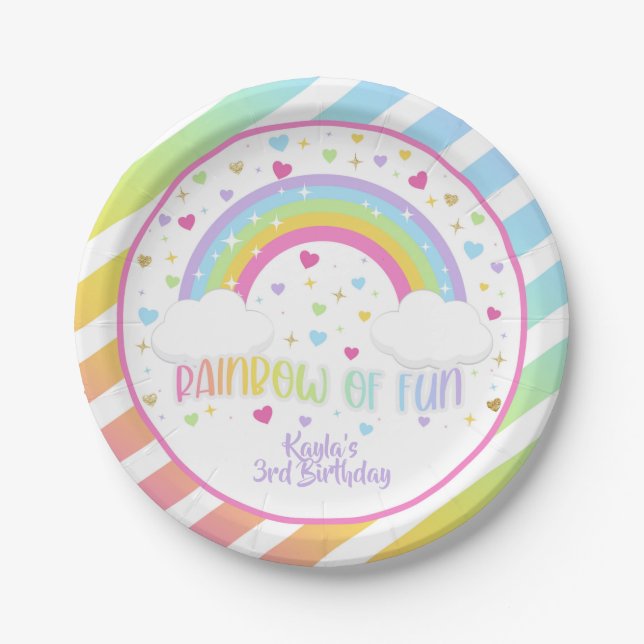 Plato De Papel Placa de cumpleaños arcoiris - Pastel - Personaliz (Anverso)