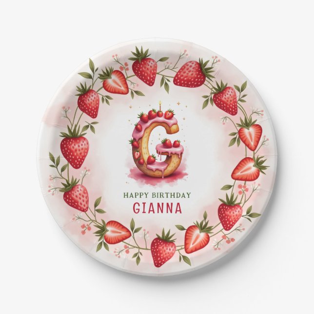 Plato De Papel Placa de cumpleaños de fresa Letra G Diseño de pas (Anverso)