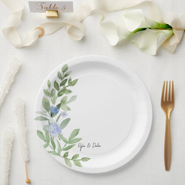 Plato De Papel Placa de ducha de boda floral azul personalizado (Boda)