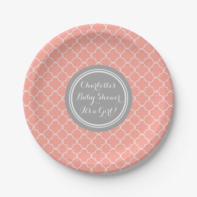 Plato De Papel Placa de encargo Quatrefoil coralino gris de Baby (Anverso)