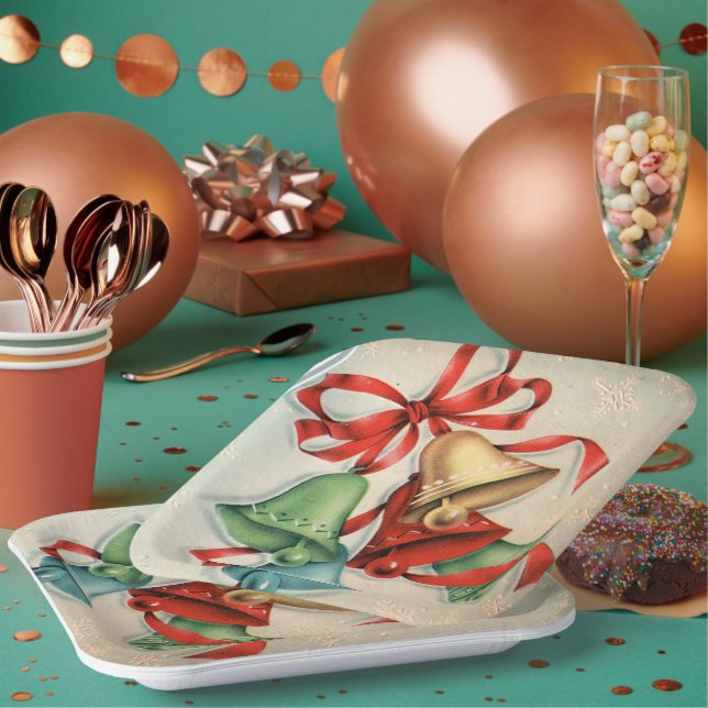 Plato De Papel Placa de fiesta de campanas retro de Navidad vinta (Multi)