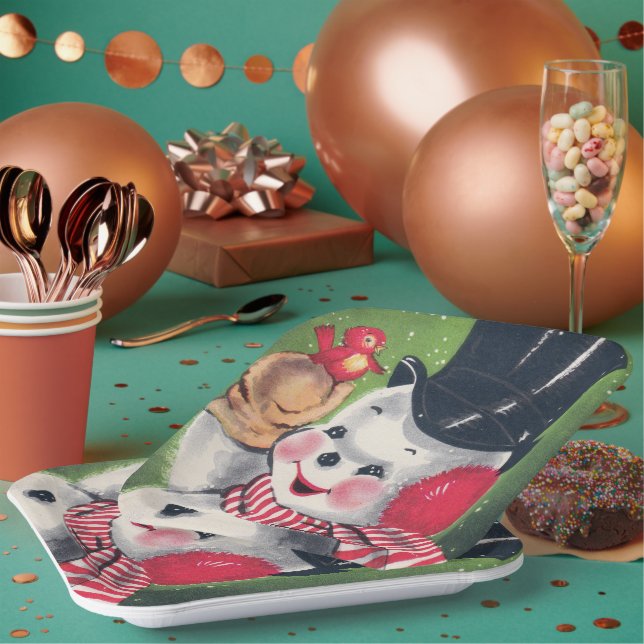 Plato De Papel Placa de fiesta de Navidades retro de snowman (Multi)