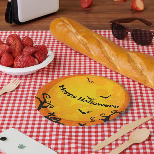 Plato De Papel Placa De Halloween, Luna Llena Sobre Un Cementerio (Picnic)