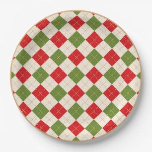 Plato De Papel Placa de Navidades de Argyle Verde y Rojo