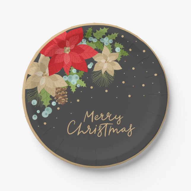 Plato De Papel Placa de Navidades de Poinsettia y Berries festivo (Anverso)