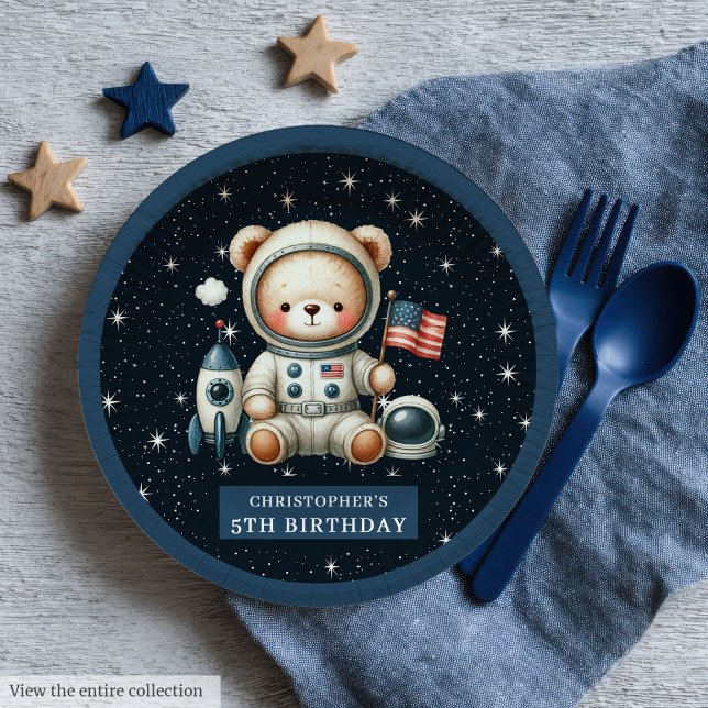 Plato De Papel Placa de oso espacial personalizado para ducha de  (Custom Space Bear Plate for Baby Boy Shower)