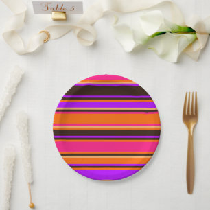 Plato De Papel Placa de papel a rayas naranja, magenta y púrpura