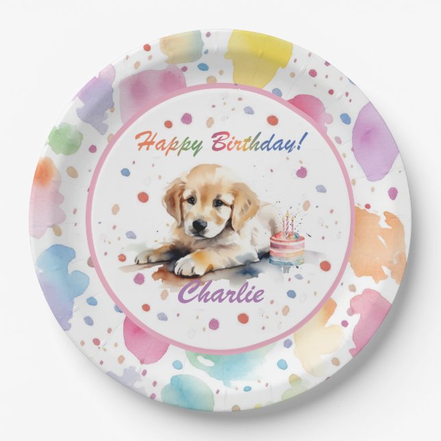Plato De Papel Placa de papel acuarela de Golden Retriever (Anverso)