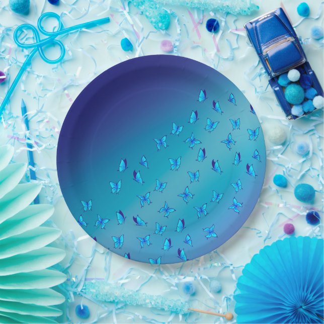 Plato De Papel Placa de papel azul con mariposas encantadas (Fiesta)