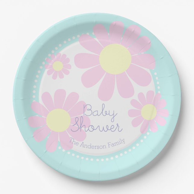 Plato De Papel Placa de papel azul Daisy Simple Baby Shower (Anverso)