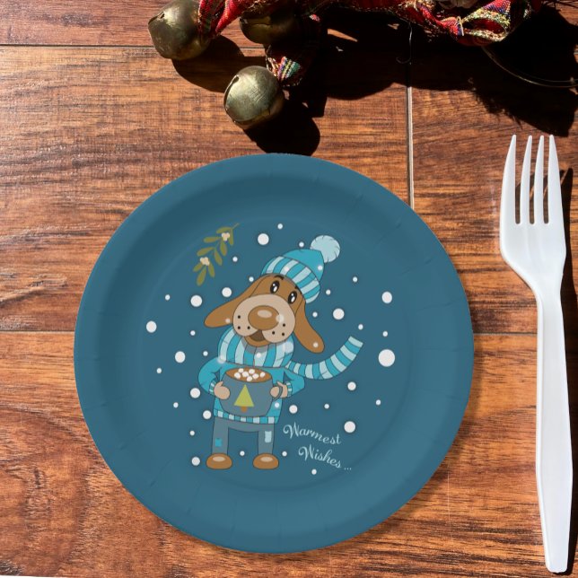 Plato De Papel Placa de papel azul de los navidades (Cute Christmas pup blue paper plate .)