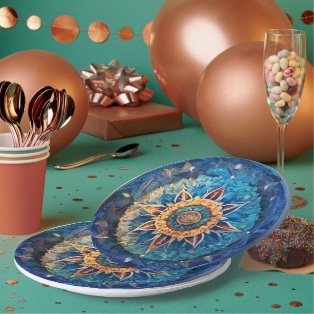 Plato De Papel placa de papel azul de mandala (Multi)