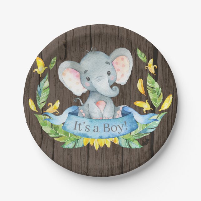 Plato De Papel Placa de papel azul para elefante de Baby Shower R (Anverso)