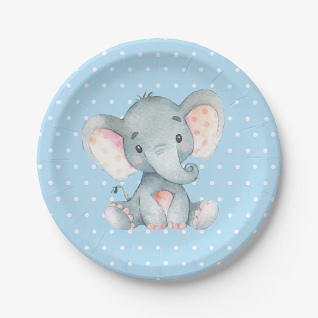 Plato De Papel Placa de papel azul para elefante de niño Baby Sho (Anverso)