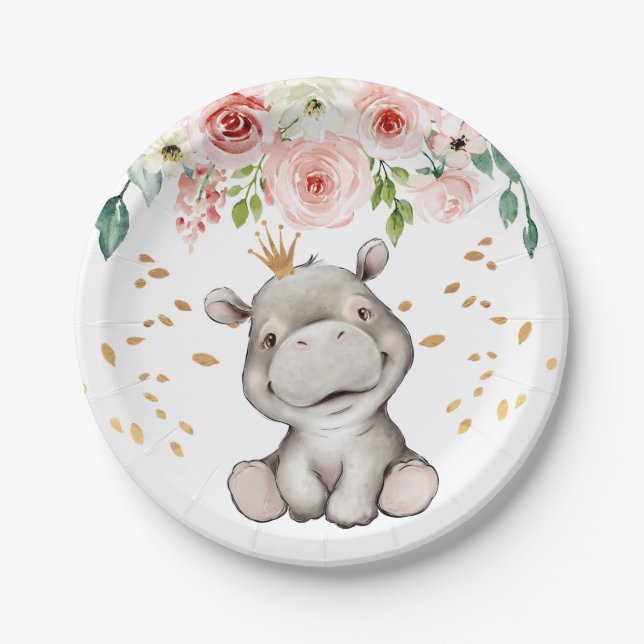 Plato De Papel Placa de papel Baby Shower Birthday Cute Hippo (Anverso)