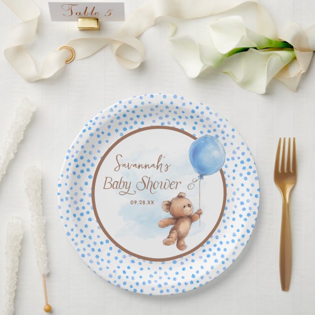 Plato De Papel Placa de papel Baby Shower Blue Brown Teddy Bear (Boda)