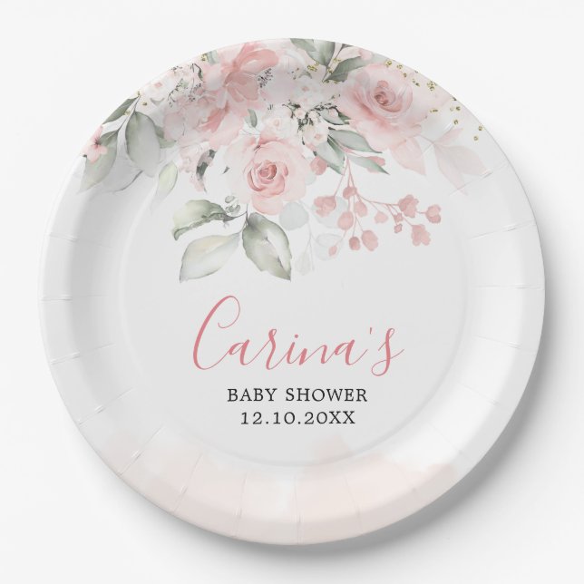 Plato De Papel Placa de papel Baby Shower con flores rosadas de R (Anverso)