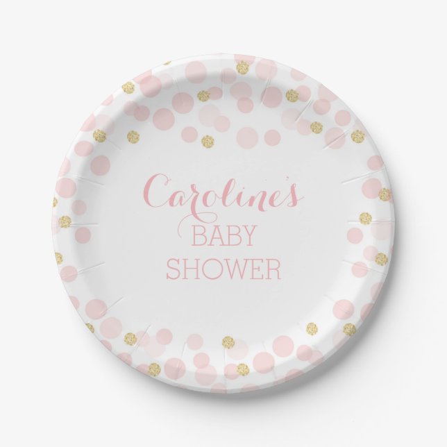 Plato De Papel Placa de papel Baby Shower con puntos de oro rosad (Anverso)