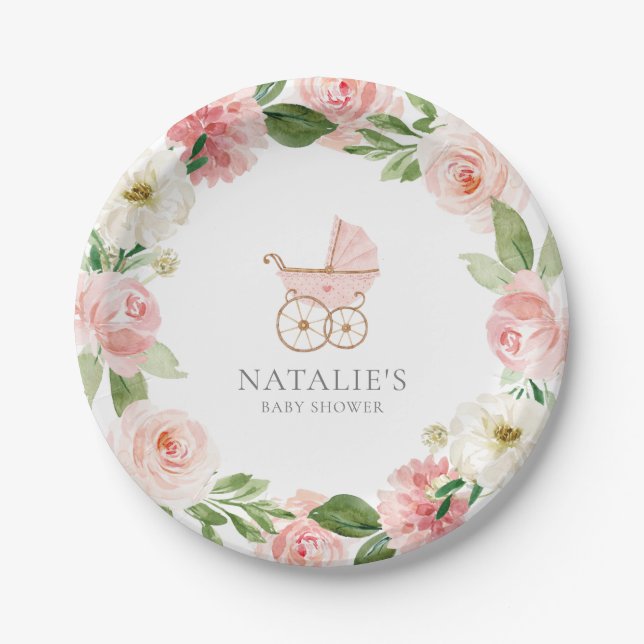 Plato De Papel Placa de papel Baby Shower de Chica floral rosa (Anverso)