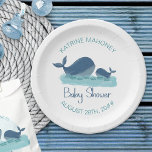 Plato De Papel Placa de papel Baby Shower de Cute de ballena feli<br><div class="desc">Placas personalizadas de papel para bebés con ilustracion acuarela de mamita y ballena bebé nadando alegremente en el océano. "Baby Shower" está escrito a mano y puedes personalizar con tu nombre y la fecha de tu evento. Por favor, navegue por mi tienda para encontrar invitaciones y accesorios a juego en...</div>