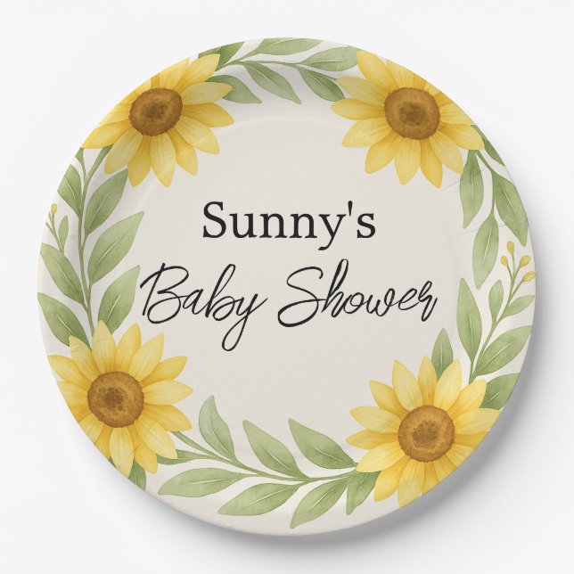 Plato De Papel Placa de papel Baby Shower de girasol y salvia (Anverso)