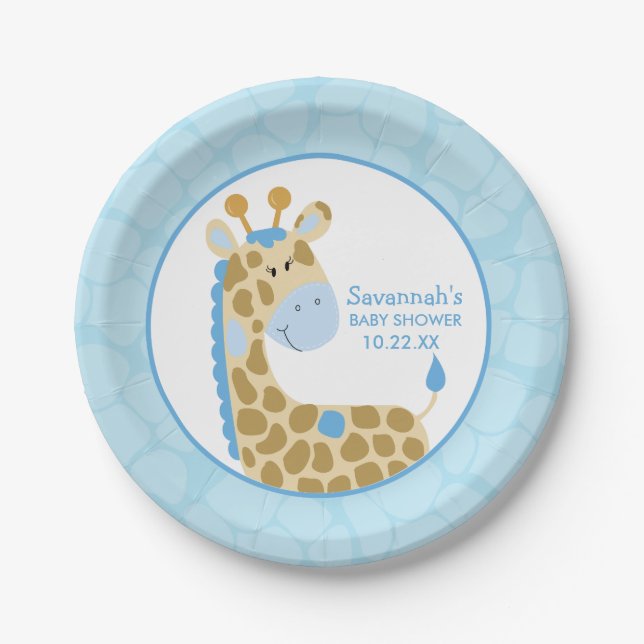 Plato De Papel Placa de papel Baby Shower de jirafa azul (Anverso)