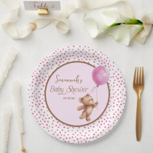 Plato De Papel Placa de papel Baby Shower de osito de tinta rosad