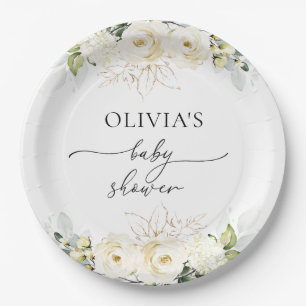 Plato De Papel Placa de papel Baby Shower de rosas blancas verdes