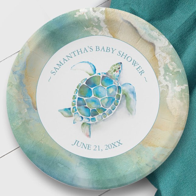 Plato De Papel Placa de papel Baby Shower de tortuga marina Ocean (Baby shower party decor sea turtle beach theme art by Victoria Grigaliunas.)
