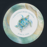 Plato De Papel Placa de papel Baby Shower de tortuga marina Ocean<br><div class="desc">Dulces platos personalizados para tu ducha de bebé con la temática de tortugas marinas tropicales. Este diseño cuenta con un borde de olas oceánicas con una tortuga acuática. Personalice el nombre y la fecha de ducha de la futura mamá. Para ver la temática de la playa correspondiente a aloha decoración...</div>