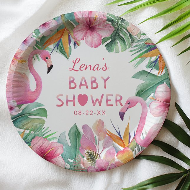 Plato De Papel Placa de papel Baby Shower Flamingo Tropical (Tropical Baby Shower Paper Plates)