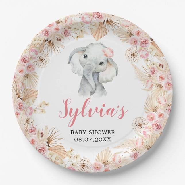 Plato De Papel Placa de papel Baby Shower para elefante Chica de  (Anverso)