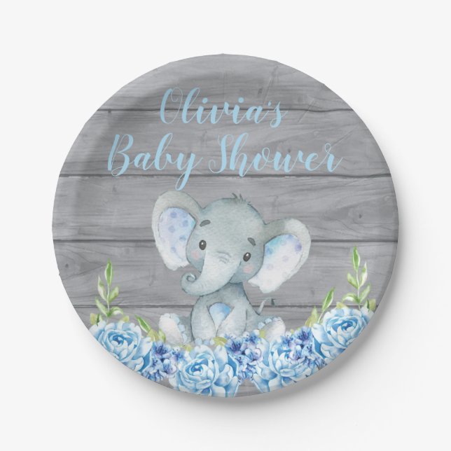 Plato De Papel Placa de papel Baby Shower para elefantes azules (Anverso)
