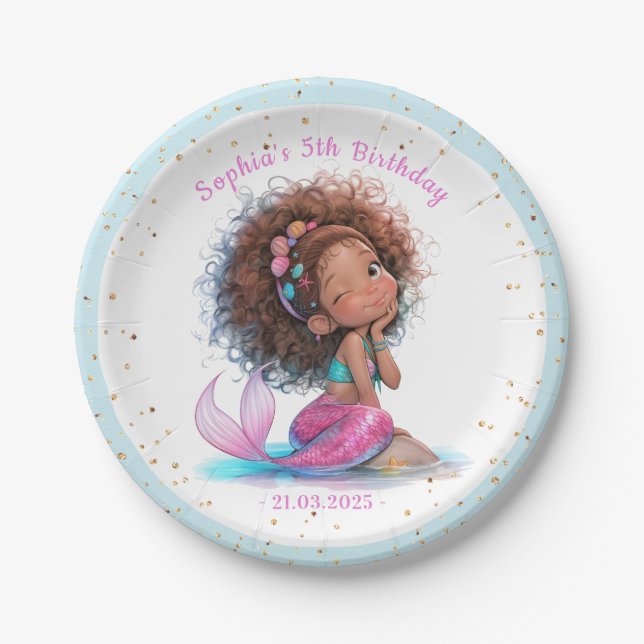 Plato De Papel Placa de papel Baby Shower para sirenas afroameric (Anverso)
