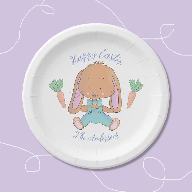 Plato De Papel Placa de papel blanco para conejito marrón de Sema (Adorable watercolor bunny Easter paper plate .)