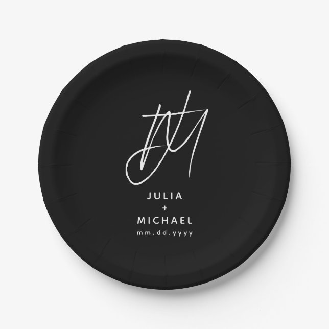 Plato De Papel Placa de papel Boda blanco y negro personalizada (Anverso)