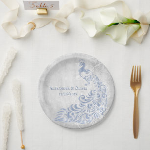 Plato De Papel Placa de papel Boda de hoja de pavo real azul clar