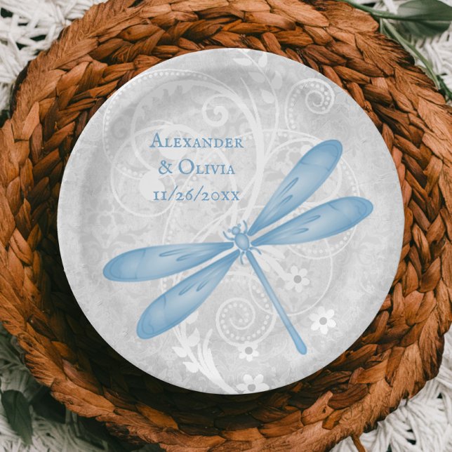 Plato De Papel Placa de papel Boda de la libélula azul (Blue Dragonfly Wedding Paper Plate)