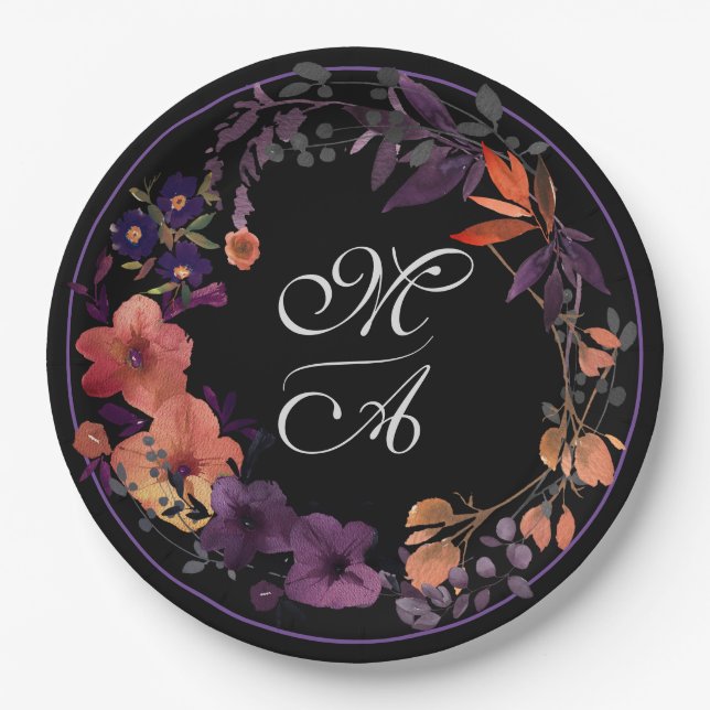 Plato De Papel Placa de papel Boda de monograma floral oscuro (Anverso)