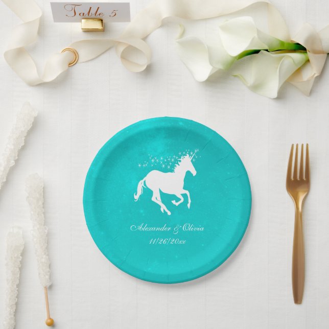 Plato De Papel Placa de papel Boda de Unicornio turquesa (Boda)