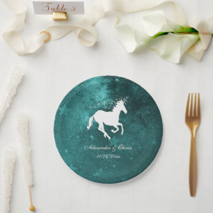 Plato De Papel Placa de papel Boda de unicornio verde azulada