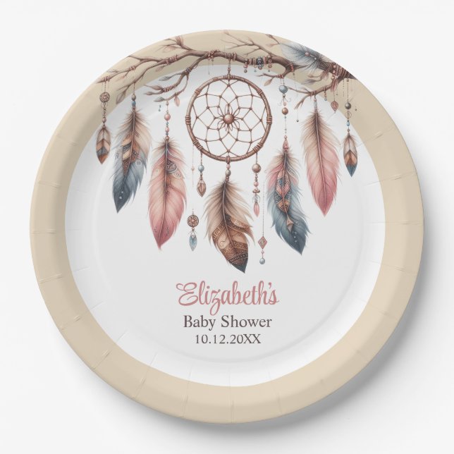 Plato De Papel Placa de papel Boho Dreamcatcher Personalizado Bab (Anverso)