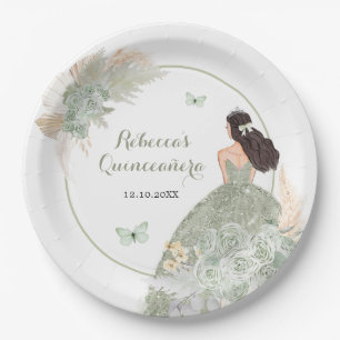 Plato De Papel Placa de papel Boho Sage Green Floral Quinceañera