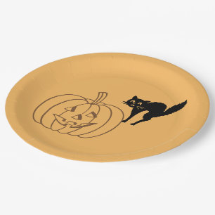 Plato De Papel Placa de papel - Calabaza y gato negro