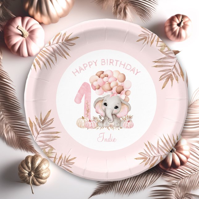 Plato De Papel Placa de papel Chica para elefante de cumpleaños (First Birthday Elephant Fall Girl Paper Plate)