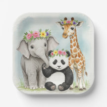 Placa de papel con animales con cuernos de flores